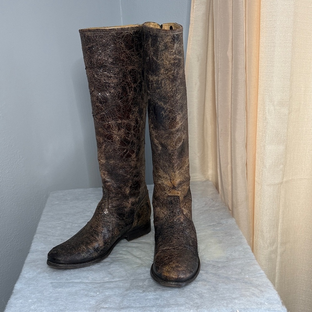 Frye Crackle Glazed Distressed Leather Tall Back Zip Melissa Snap Boots 9.5